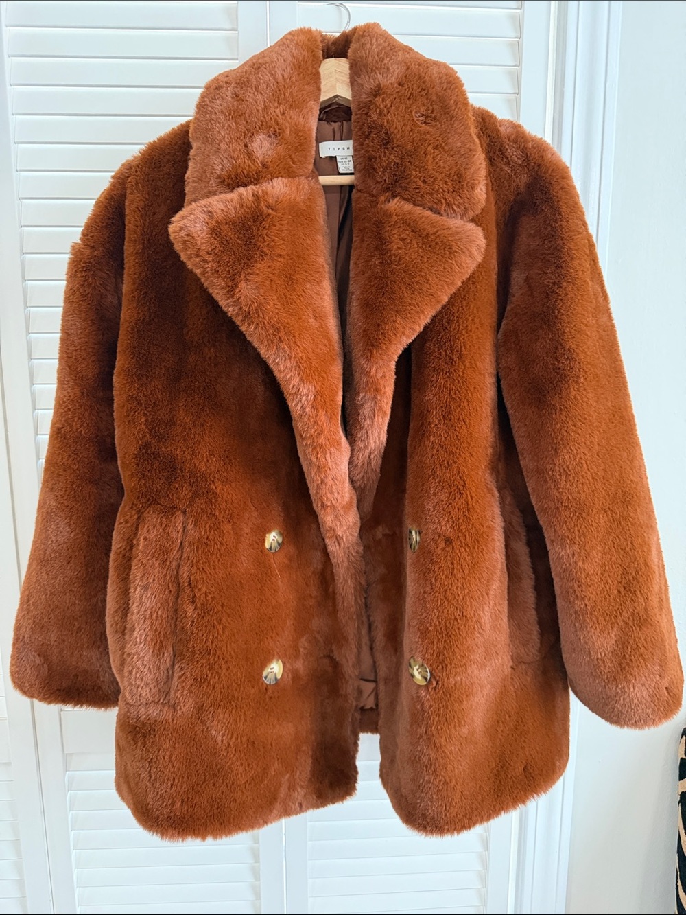 Topshop Plush Teddy Coat in Rust